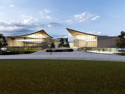 Contemporary Architectural Exterior With Curved Glass Facade Sloped Roofs Green Lawn And Trees 3d model