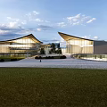 Contemporary Architectural Exterior With Curved Glass Facade Sloped Roofs Green Lawn And Trees