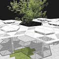 Garden Landscape with White Hexagonal Pavilions Trees and Stone Paved Ground