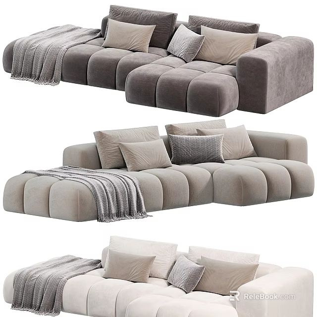 Modern Gray Velvet Sectional Sofa With Multiple Throw Pillows And Blanket 3d model
