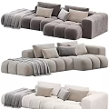 Modern Gray Velvet Sectional Sofa With Multiple Throw Pillows And Blanket 3d model