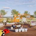 Scenic Park Landscape With Wooden Deck Study Restaurant Grain Corridor Windmill Trees And Ladybug Decorations