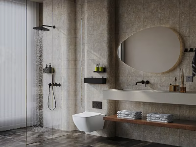Bathroom Sink Vanity With Oval Mirror Marble Countertop Wooden Shelf And Towels 3d model
