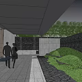 Modern Sales Office Building With Geometric Facade And Water Reflections In Landscaped Area