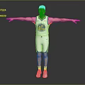 Man Standing In White Basketball Jersey With Blue Yellow Logo Arms Outstretched Gray Background