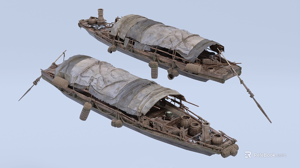 Two Old Wooden Boats With Canvas Covers And Hull Details 3d model 