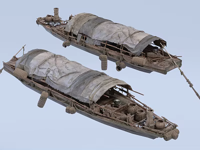 Two Old Wooden Boats With Canvas Covers And Hull Details 3d model