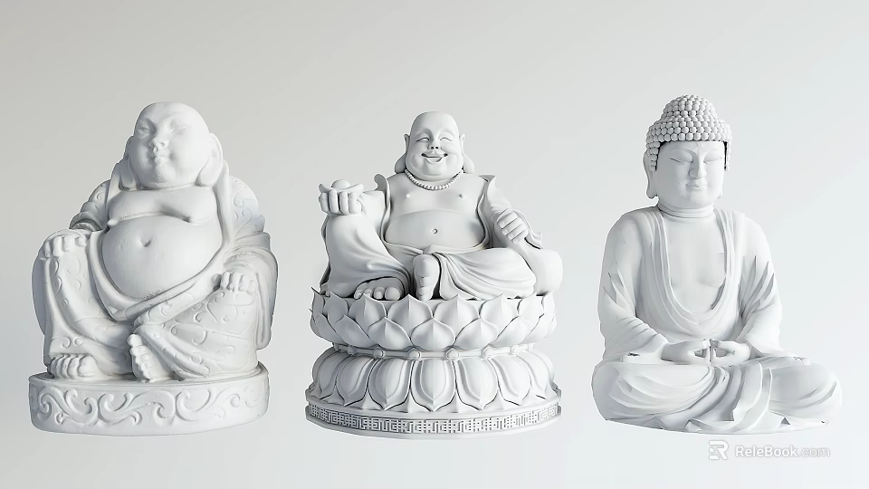 White Buddha Sculptures Carved With Sitting Poses And Decorative Details 3d model 
