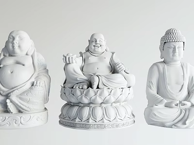 White Buddha Sculptures Carved With Sitting Poses And Decorative Details 3d model