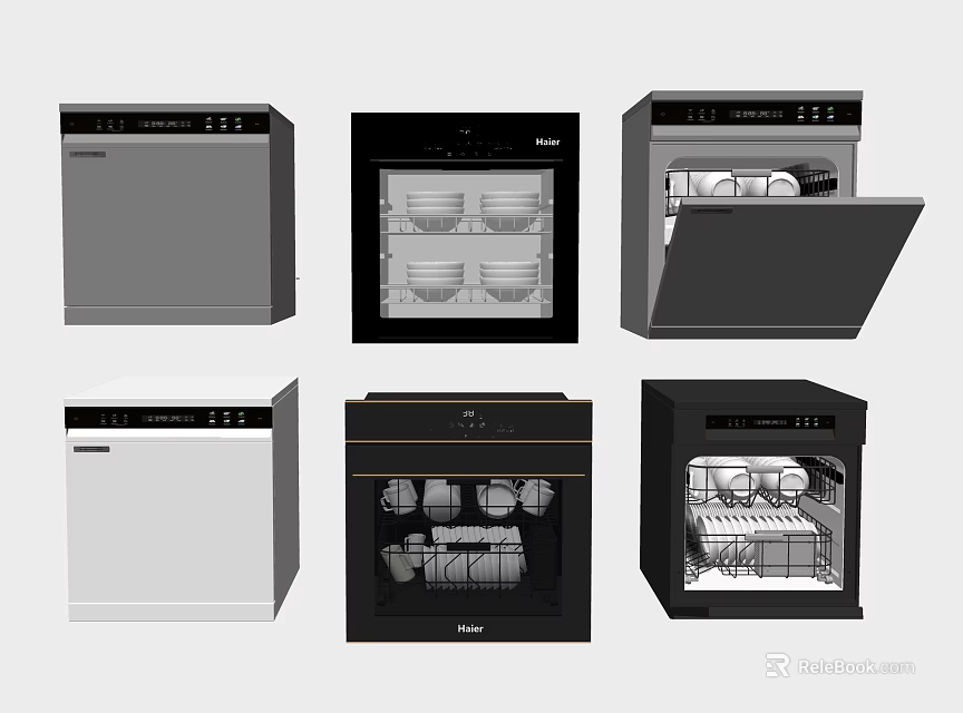 Different Styles Of Kitchen Appliances Featuring Dishwashers And Ovens With Open And Closed Designs 3d model 