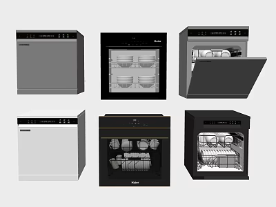Different Styles Of Kitchen Appliances Featuring Dishwashers And Ovens With Open And Closed Designs 3d model