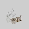 Modern Decorative Ornament Set with White Vase Dried Branches Glass Carafe and Tray