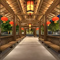 Traditional Chinese Garden Landscape featuring Wooden Pavilion Red Lanterns Trees and Starry Night Sky