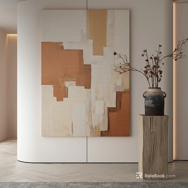 Abstract Painting Featuring Earth Tone Geometric Shapes in Modern Interior with Wooden Pedestal Vase 3d model 