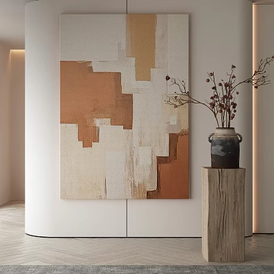 Abstract Painting Featuring Earth Tone Geometric Shapes in Modern Interior with Wooden Pedestal Vase 3d model