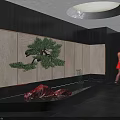 Modern Indoor Garden Feature With Bonsai Pine Water Basin Red Stones And Glass Vase