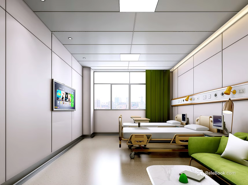 Bright Hospital Room Interior With Medical Bed Green Sofa TV Window White Walls And Lights 3d model 