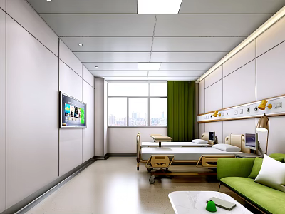 Bright Hospital Room Interior With Medical Bed Green Sofa TV Window White Walls And Lights 3d model