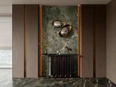 Foyer Hallway Interior With Green Marble Wall Oval Mirrors And Black Console Table 3d model