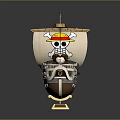 Anime Style Wooden Watercraft With Large Sail Featuring Straw Hat Skull Logo And Detailed Deck