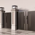 Modern Entrance Gate With Stone Pillars And Top Lanterns On Paved Ground
