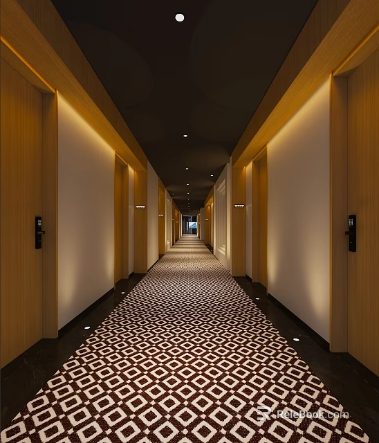 Elegant Hotel Corridor Interior With Wooden Doors White Walls Warm Lighting And Geometric Patterned Carpet 3d model 