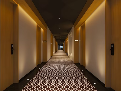 Elegant Hotel Corridor Interior With Wooden Doors White Walls Warm Lighting And Geometric Patterned Carpet 3d model