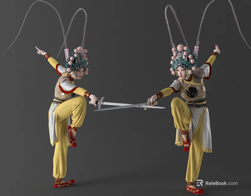 Two Performers In Yellow Traditional Costumes With Pink Ball Headpieces Performing Sword Dance Symmetric Poses 3d model 