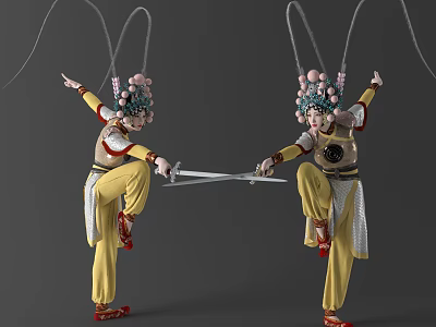 Two Performers In Yellow Traditional Costumes With Pink Ball Headpieces Performing Sword Dance Symmetric Poses 3d model