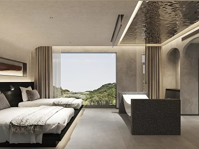 Luxurious Hotel Room Interior With Comfortable Bed Large Window Mountain View And Bathtub 3d model