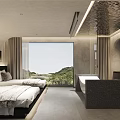 Luxurious Hotel Room Interior With Comfortable Bed Large Window Mountain View And Bathtub