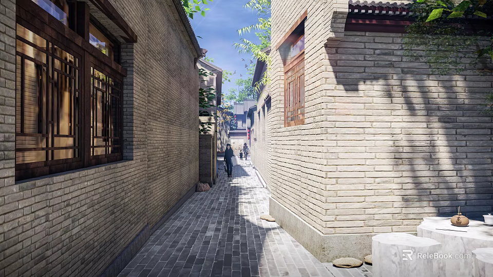 Ancient Architecture Features Traditional Alley With Brick Walls Classic Wooden Windows And Sunlight 3d model 