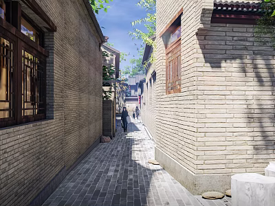 Ancient Architecture Features Traditional Alley With Brick Walls Classic Wooden Windows And Sunlight 3d model