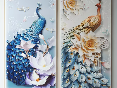 3D Animal Paintings Featuring Blue And Orange Peacocks With Magnolia Flowers And Butterflies 3d model