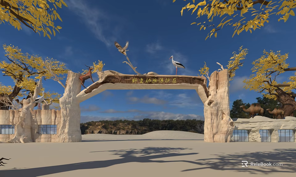 Wooden Archway Entrance Gate with Animal Sculptures Yellow-leaved Trees and Blue Sky in Tourist Area 3d model 