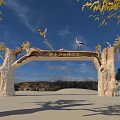 Wooden Archway Entrance Gate with Animal Sculptures Yellow-leaved Trees and Blue Sky in Tourist Area 3d model