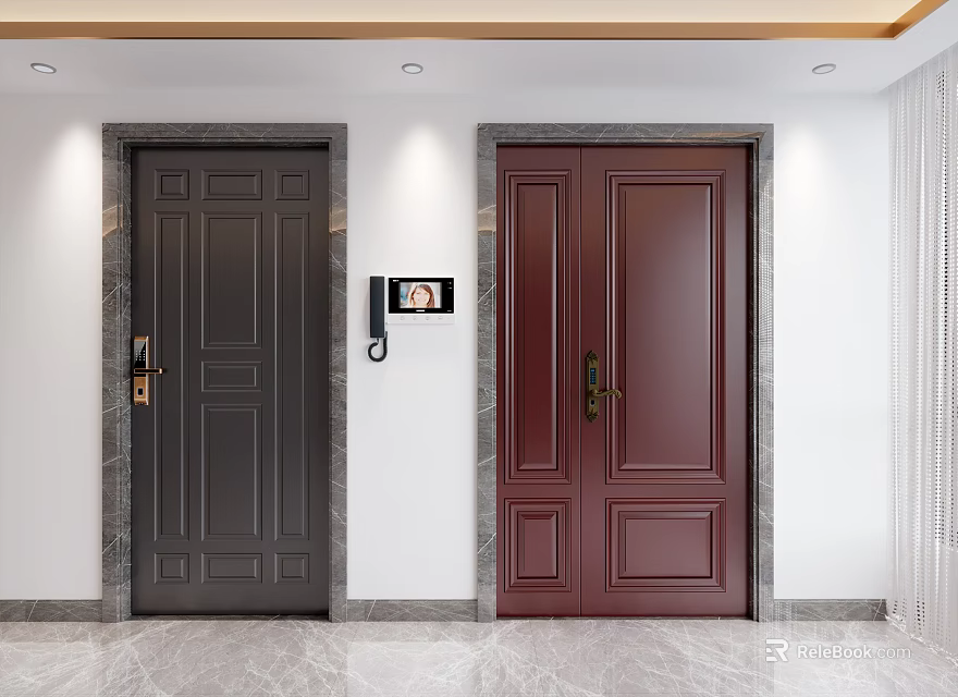 Dark Gray And Dark Red Hinged Doors With Marble Frames And Security Camera 3d model
