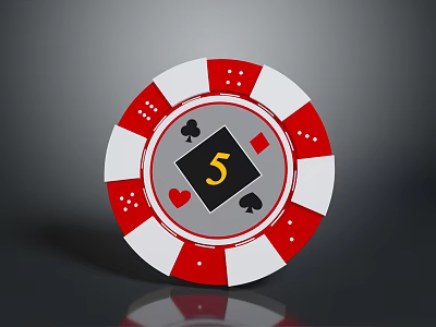 Red White Round Poker Chips With Number 5 And Card Suits As Household Supplies 3d model