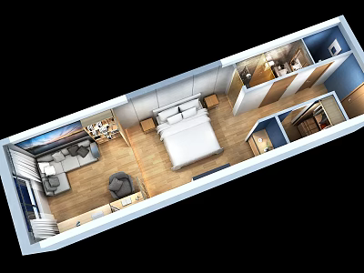 Birds Eye View of Modern Studio Apartment With Bed Sofa and Wooden Floor 3d model