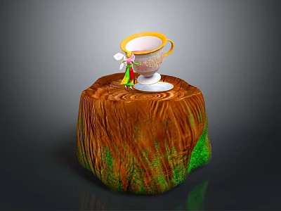 Elegant Teacup With Gold Rim And Bowknot Decoration On Wooden Stump Base 3d model