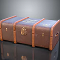 Vintage Brown Leather Trunk with Metal Lock and Decorative Emblems 3d model