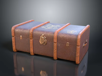 Vintage Brown Leather Trunk with Metal Lock and Decorative Emblems 3d model