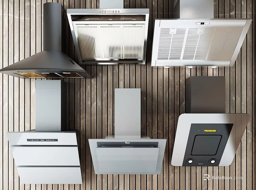 Modern Kitchen Range Hoods Displayed In Various Styles On Wooden Background 3d model 