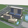 Modern Multi story Office Building With Symmetric Facade And Green Lawn Surroundings