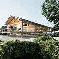 Modern Wooden House with Open Structure Terrace Surrounded by Greenery and Trees on Slope