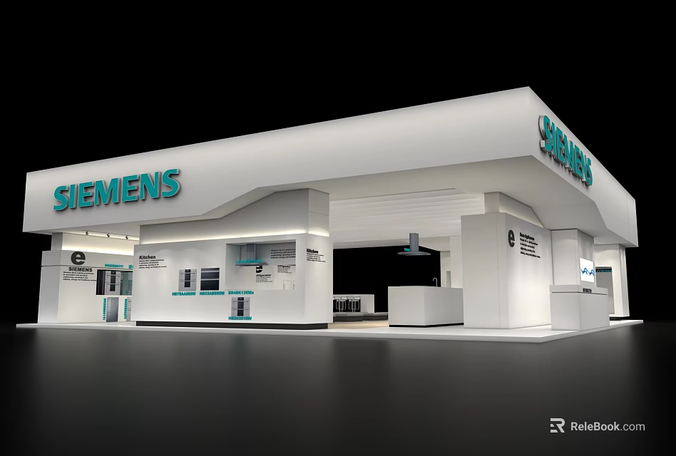 Siemens Modern Exhibition Booth With White Structure And Display Counter Area 3d model 
