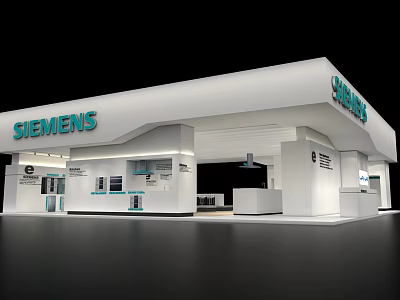 Siemens Modern Exhibition Booth With White Structure And Display Counter Area 3d model