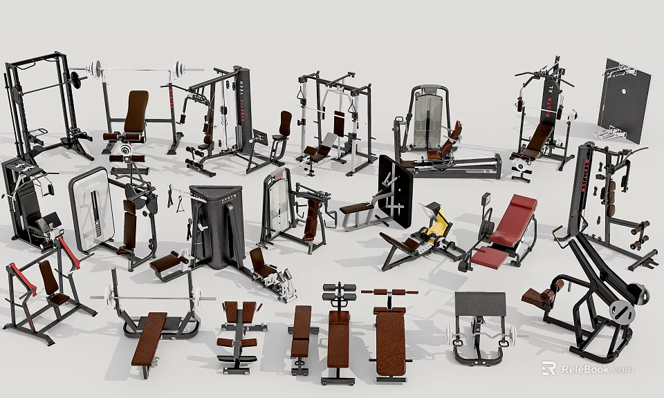 Various Sports Equipment Including Weight Benches Lifting Racks And Exercise Machines 3d model 