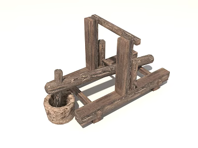 Rustic Wooden Well Pulley Structure With Vintage Bucket And Frame 3d model