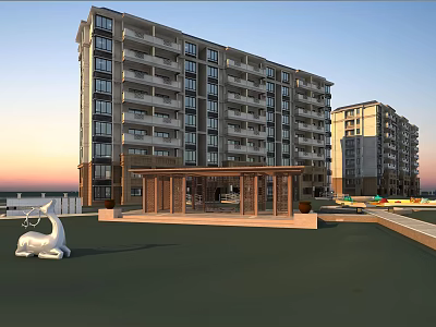 Modern High Rise Residential Building With Balconies Wooden Pavilion Green Square And Sunset 3d model